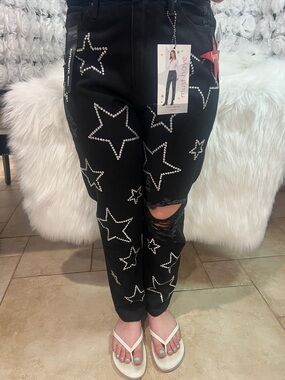 High-Rise Black Star Studded Jeans